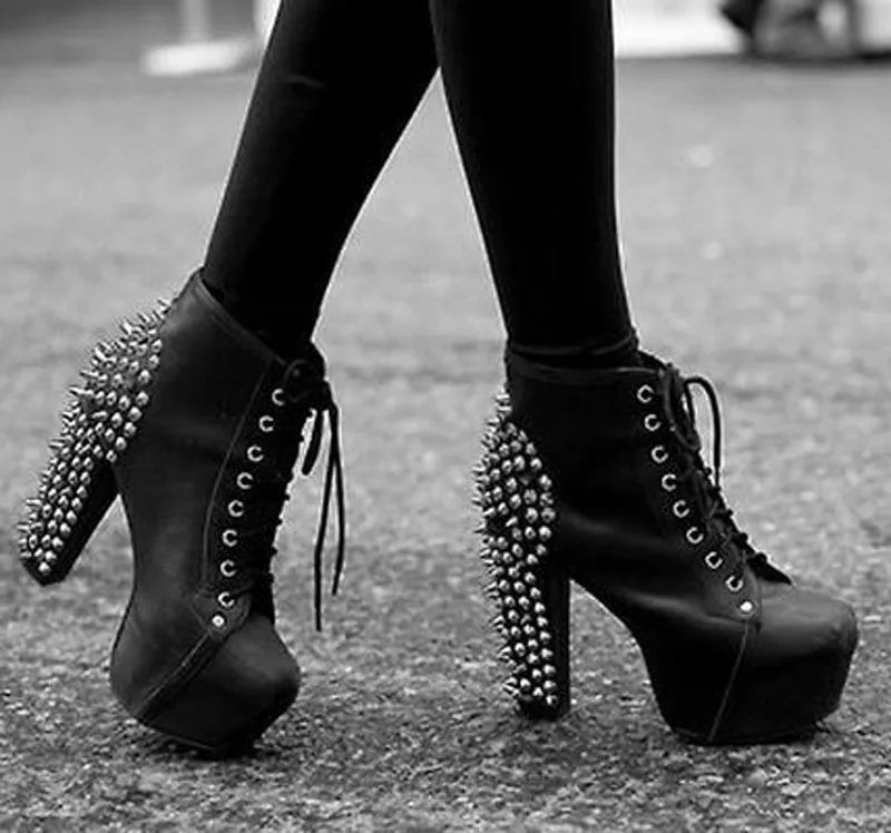 Sexy Punk Women Spiky Metal Rivets Studs Chunky High Heel Ankle Boots Platform Ladies Stage Spikes Cover Lace up Short Bottines