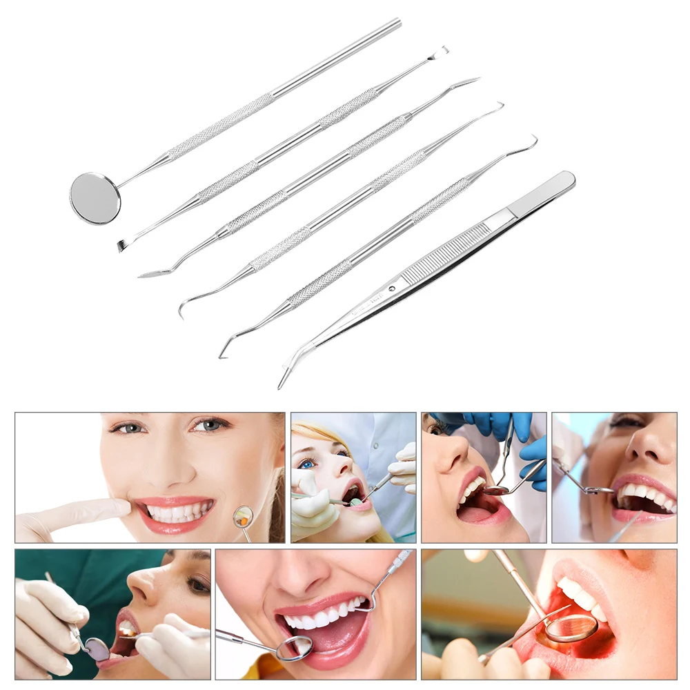 Kit de clareamento dental de aço inoxidável, 6 peças, ferramentas dentárias, ferramenta de seleção de dentistas, conjunto de raspador de dente para uso pessoal e profissional