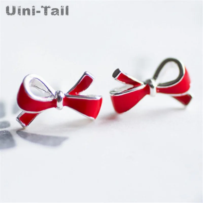 Uini-Tail hot new 925 Tibetan silver sweet girl red bow earrings Korean fashion tide flow trend girl gift high quality ED086