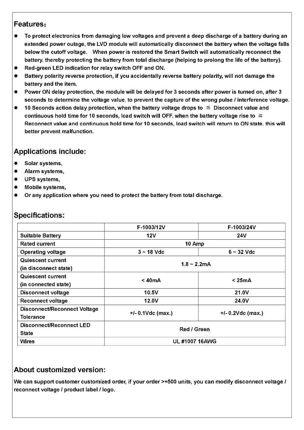 Chunzehui Low Voltage Disconnect Module LVD, 12V 10A, Protect/Prolong Battery Life.