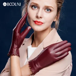 BOOUNI guantes de cuero genuino tendencia de moda guantes de piel de oveja para mujer forro térmico de terciopelo para invierno guante de conducción para dedos NW671