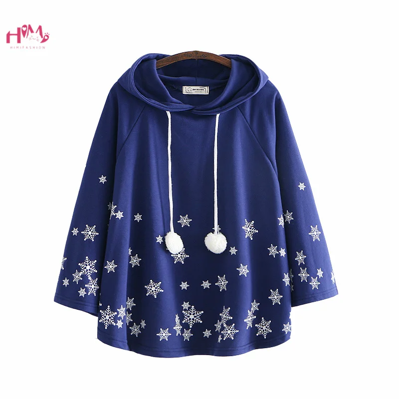 Autumn Women Kawaii Snowflake Cape Hoodies Japanese Cute Christmas Pullovers Harajuku Mori Girls Cloak Outerwear Sweatshirt