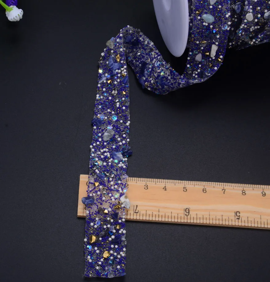 1 metr niebieski żwir kawior koraliki wstążka wykończenia poprawka Rhinestone Banding naprasowywane aplikacje do sukni kapelusze torby taśmy 2 Cm