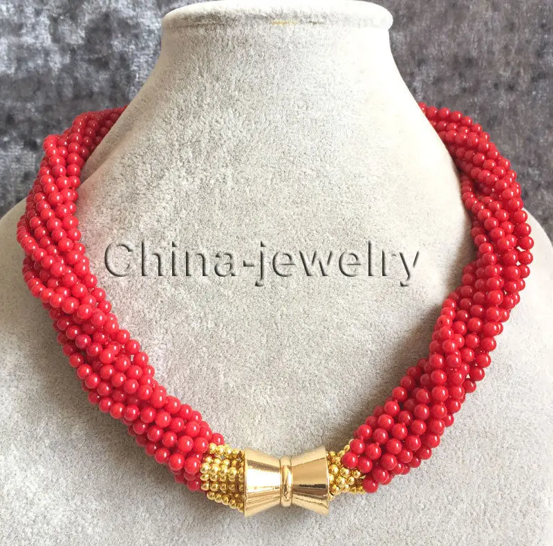 

18" 10row 4-5mm perfect round red coral necklace - magnet clasp>Selling jewerly free shipping