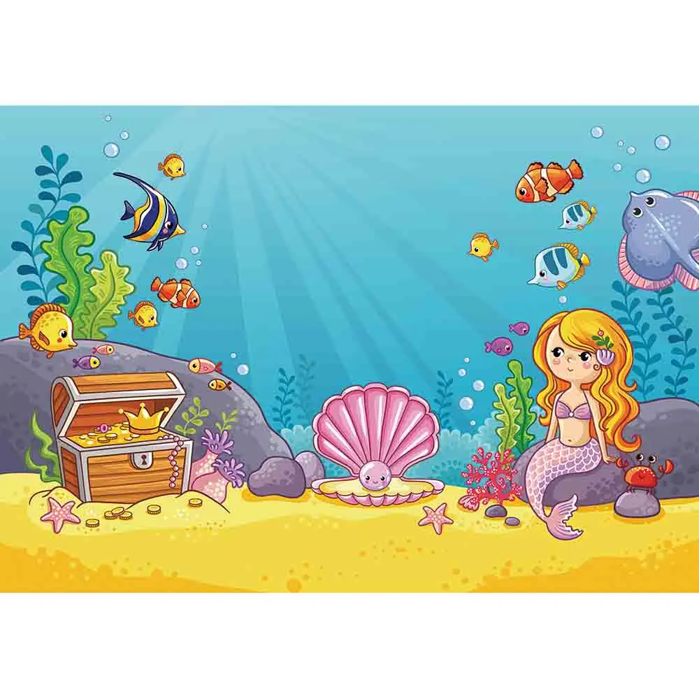 Allenjoy backdrop photographic cartoon seabed mermaid shell seaweed summer treasure children photophone fotografia background