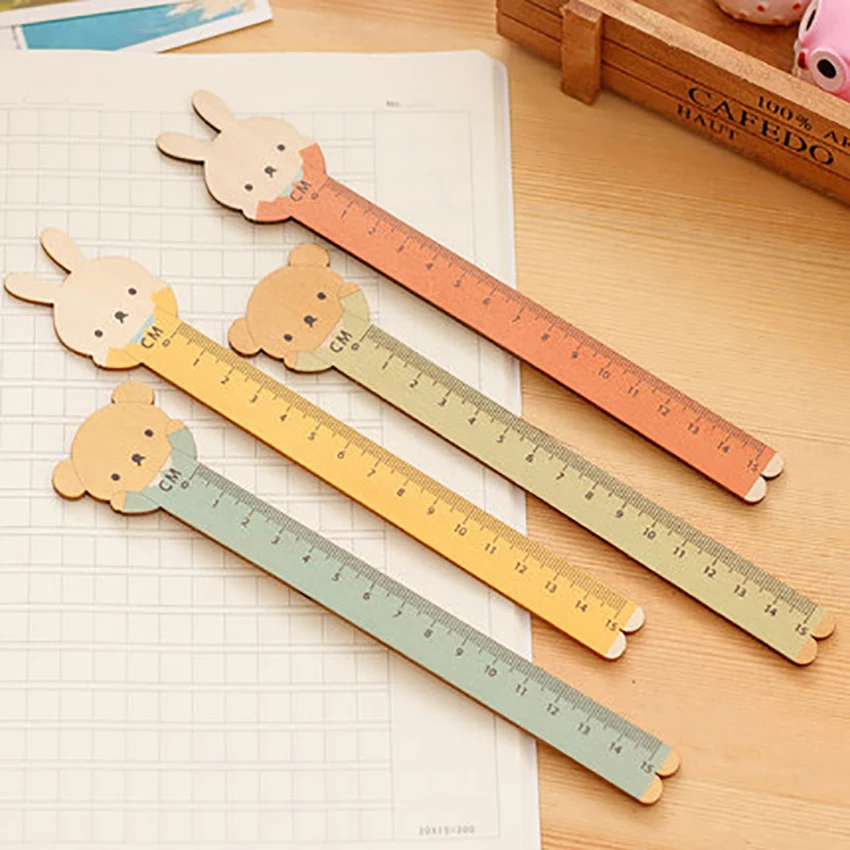 15cm Kawaii Bear Rabbit Shape Wooden Straight Ruler Bookmarks Kids Prizes Learning Drawing Measuring Tools Students Stationery