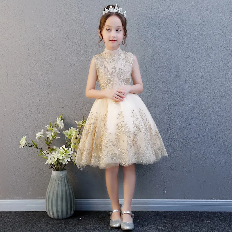 Vestidos de flores dorados para niña, vestidos de satén para primera comunión, vestido de baile brillante para desfile, novedad de 2019