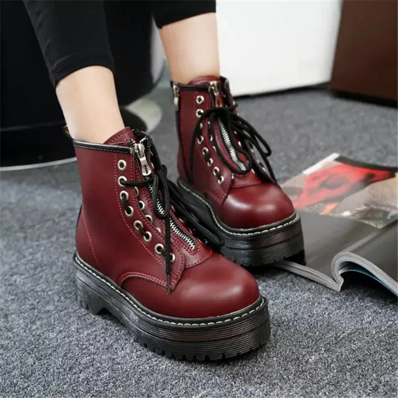 Zapatos planos con cremallera a la moda para mujer, botas de cuero PU con plataforma de tacón alto, botines con cordones para niñas 35-40 C243