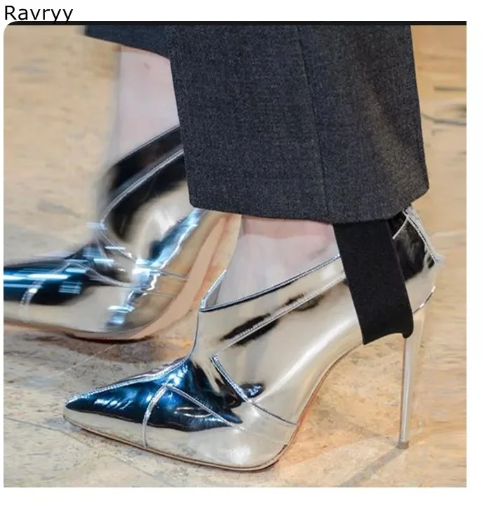 2019 new fashion silver Woman high heels sexy pump cover heel female ankle boots patch work pointed toe thin heel single shoe