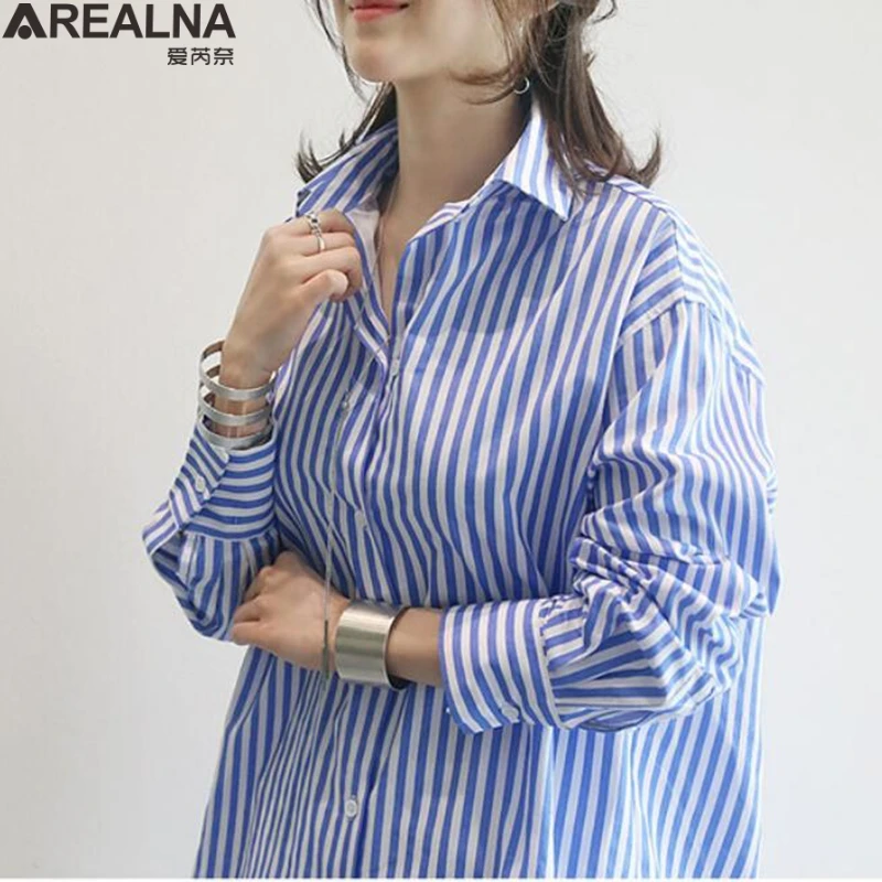 Button Up Women's Striped Kimono Shirt Spring Fall Loose Bule Long Blouse Women Casual Long Sleeve Cardigan Top Blusas Y Camisas