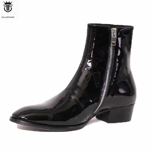 

FR.LANCELOT Solid Black Patent Genuine Leather Side Zipper Men Chelsea Boots Flats High Top Trainers Shoes Man Ankle Botines