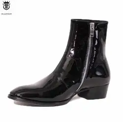 FR.LANCELOT Solid Black Patent Genuine Leather Side Zipper Men Chelsea Boots Flats High Top Trainers Shoes Man Ankle Botines