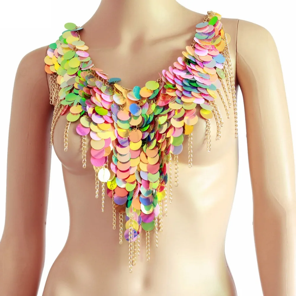 

Fashion Multi Color Sequins Woman Tassel Halter Necklace Sexy Club Tops Chain Bra Holiday Vocation Party EDM Outwear Jewelry