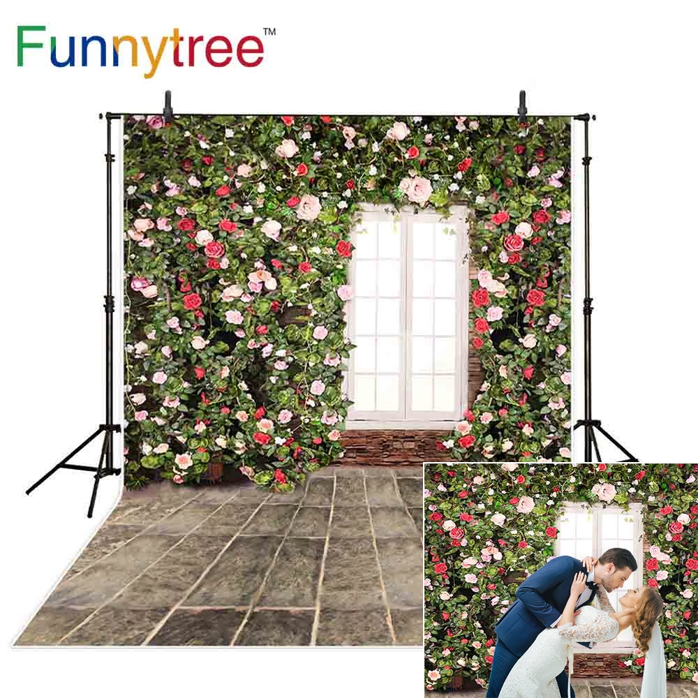 Funnytree-خلفية تصوير ، نافذة بيضاء ، زهور حمراء وردية ، أوراق حائط حجرية ، صور زفاف ، فوتوفون لاستوديو الصور