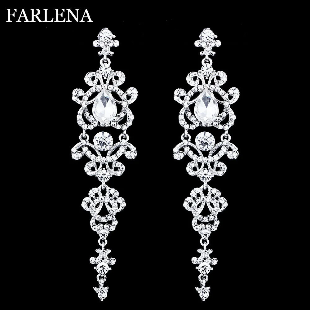 FARLENA Jewelry Silver Color Crystal Wedding Long Earrings Flower Shaped Chandelier Earrings for Women Brides Bridesmaid Party