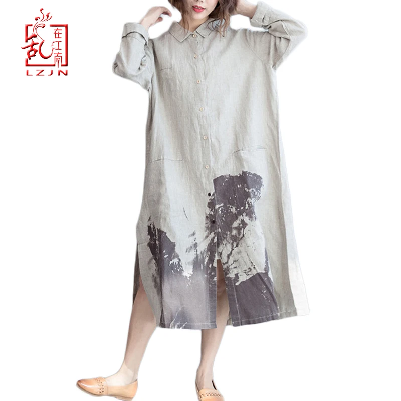 LZJN-Vintage Painting Long Dress for Women, Long Sleeve Shirt, Loose Cotton Linen, Casual Fashion, Button Down, Summer