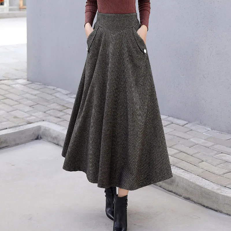 High Waist Retro Plaid Woolen Women Skirts Winter 2024 Fashion Warm Winter Office Wool Pleated Maxi Skirt Femme Saia Longa