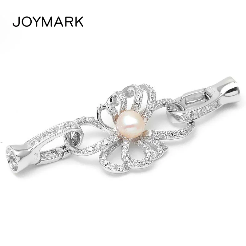 925 Sterling Silver Pearl Jewelry Findings Zircon Pave Flower Connector With Lobster Clasps End Caps SC-CZ115