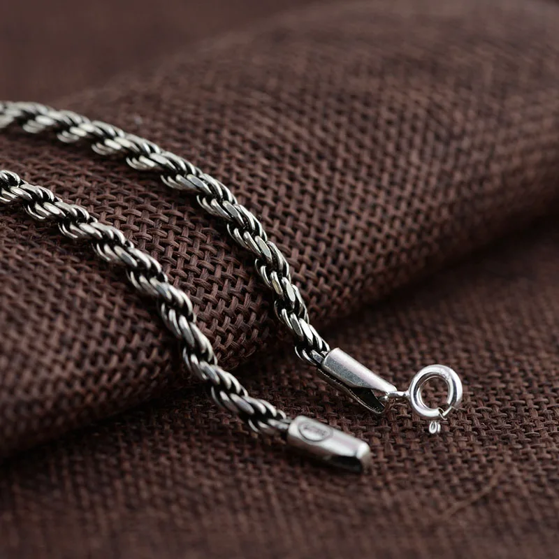 3mm Retro Twist Rope Chain Necklace for Men Women 925 Sterling Silver Necklace Mens Black Thai Silver Jewelry