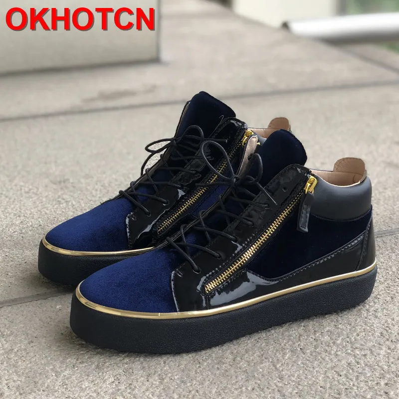 Lace Up Men Patent Shoe Mixed Colors Sneakers Gold Bordered Casual Shoes Height Increasing Shoes Men Blue Thick Sole Trainers 46