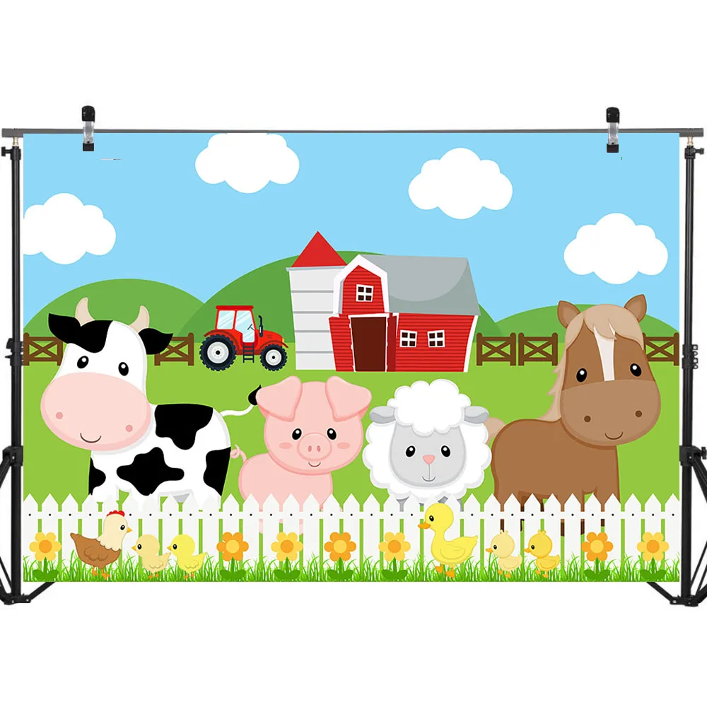 Moclicka latar belakang fotografi tema pertanian traktor Barnyard gudang Merah latar belakang foto hewan latar belakang pesta ulang tahun anak latar belakang