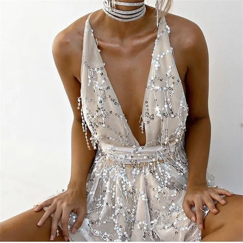 เลื่อม Spaghetti Strap Playsuit V คอเซ็กซี่ Club Party Rompers Backless Playsuits ฤดูร้อนสั้น Jumpsuit
