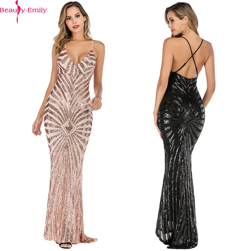 

Beauty Emily Sexy V Neck Open Back Mermaid Evening Dress Charming Spaghetti Strap Sleeveless Slim Formal Party Dress Vestidos