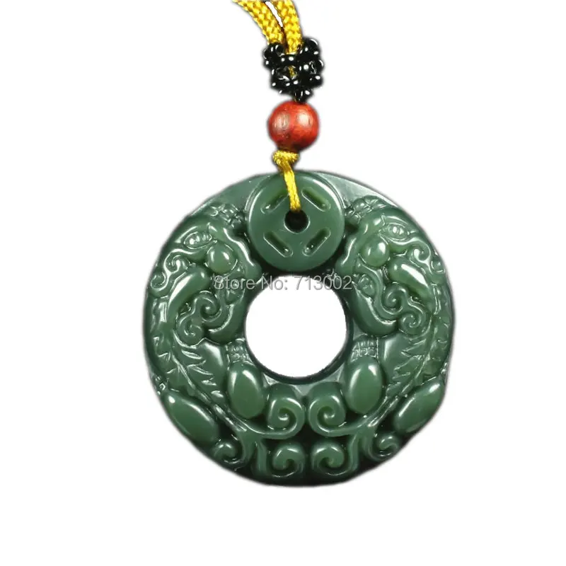 Nature Dark Green jade money Pendant 2 beast Amulet Necklace TALISMAN -PI Xiu