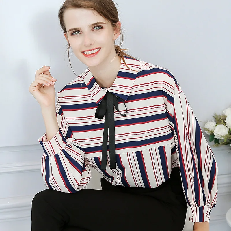 Camisa feminina de chiffon listrada, camisa feminina de manga longa com gola virada para baixo, blusa casual solta da moda e laço h9079 para primavera e verão