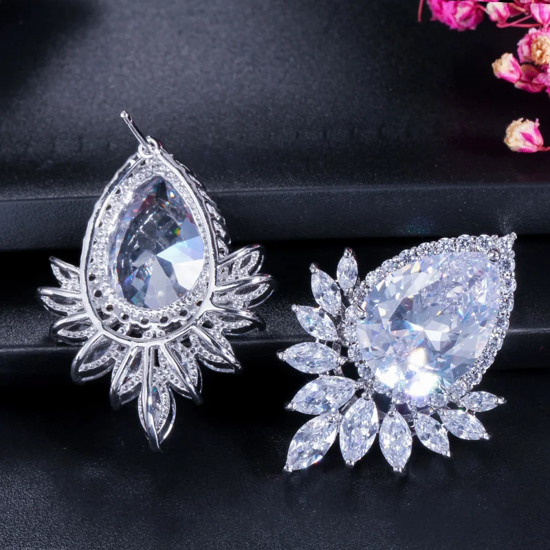 CWWZircons Brand Trendy Diamante Women Ear Jewelry Silver Color Sparkling Big Teardrop Cubic Zirconia Earrings CZ377