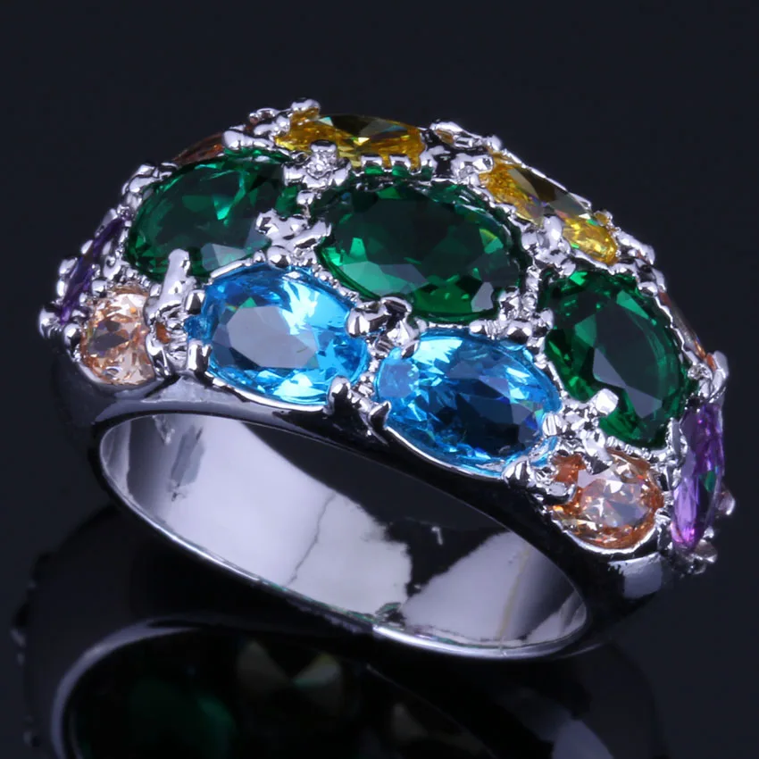 Incredible Oval Multigem Multicolor Green Cubic Zirconia Silver Plated Ring V0586