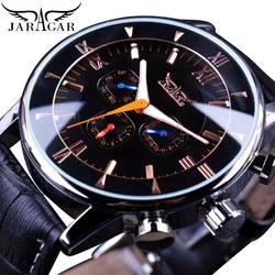 Jaragar Classic Automatic 6 Hands Calendar Luminous Hands Black Leather Band Mens Watches Business Luxury Mechanical Male Clock