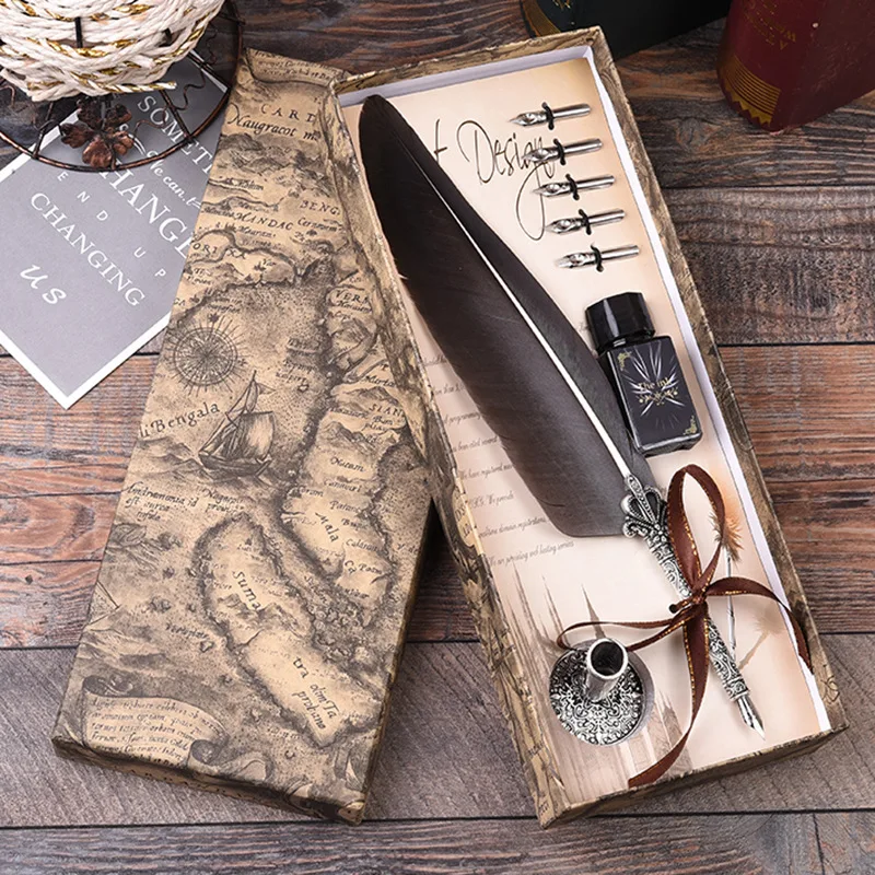 English calligraphy retro advertising gift feather pen dipped in water metal Fountain pen School supplies