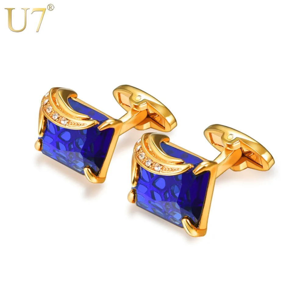 

U7 Crystal Cufflinks Women Men Metal Fancy Royal Blue Black Stone Cuff Links Groom Wedding Jewelry Father's Day Gift