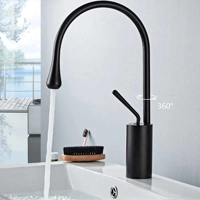 Wash-basin Faucet Brass Black/Silver Water Drop Shape Faucet Single Handle Bathroom Large Curved Faucet Cold Hot Water Mixer Tap