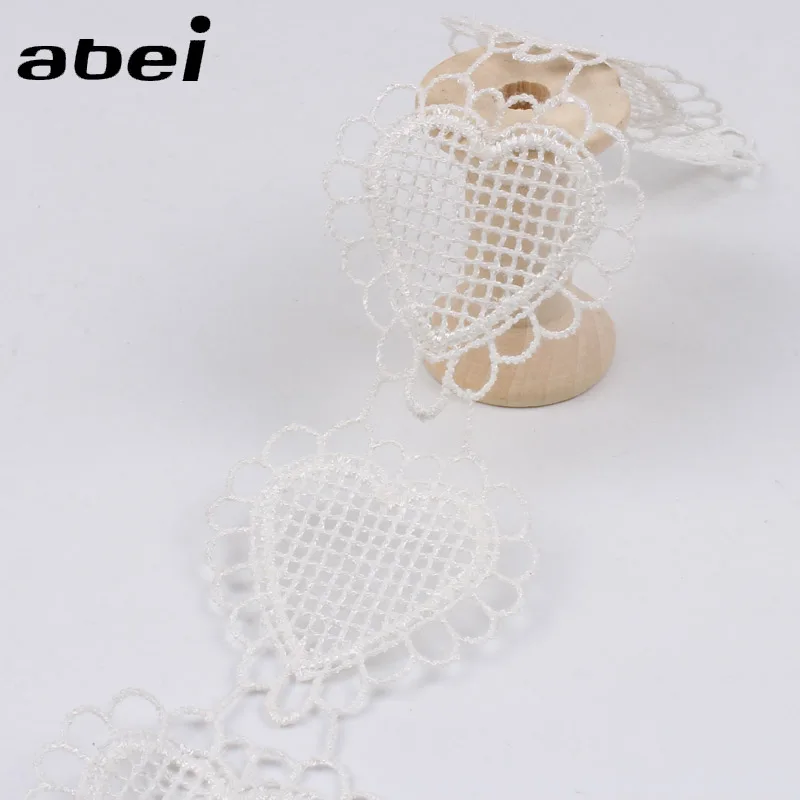 2yards/lot Soluble White Heart Lace Ribbon Embroidered lace tape DIY Sewing Fabric trims African lace appliques