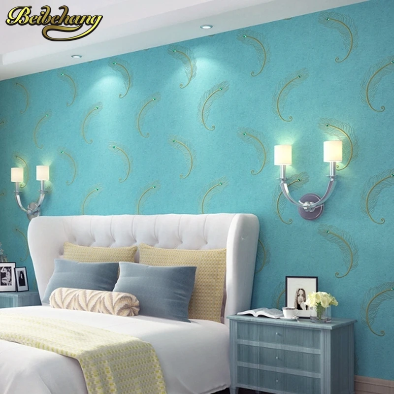 beibehang grade embroidery wallpaper Continental drilling non woven peacock blue feather bedroom living room TV background wal