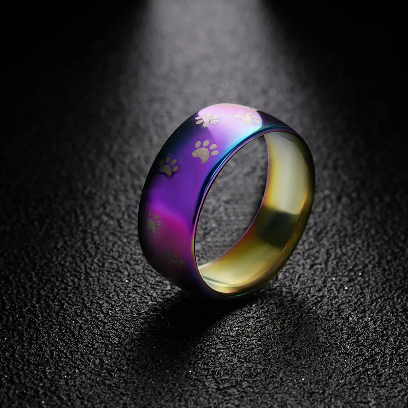 Cute Cat Dog Paw Ring Jewelry Width 8mm Stainless Steel Rainbow Rings for Men and Women Pet Animal Jewelry Lover Gift