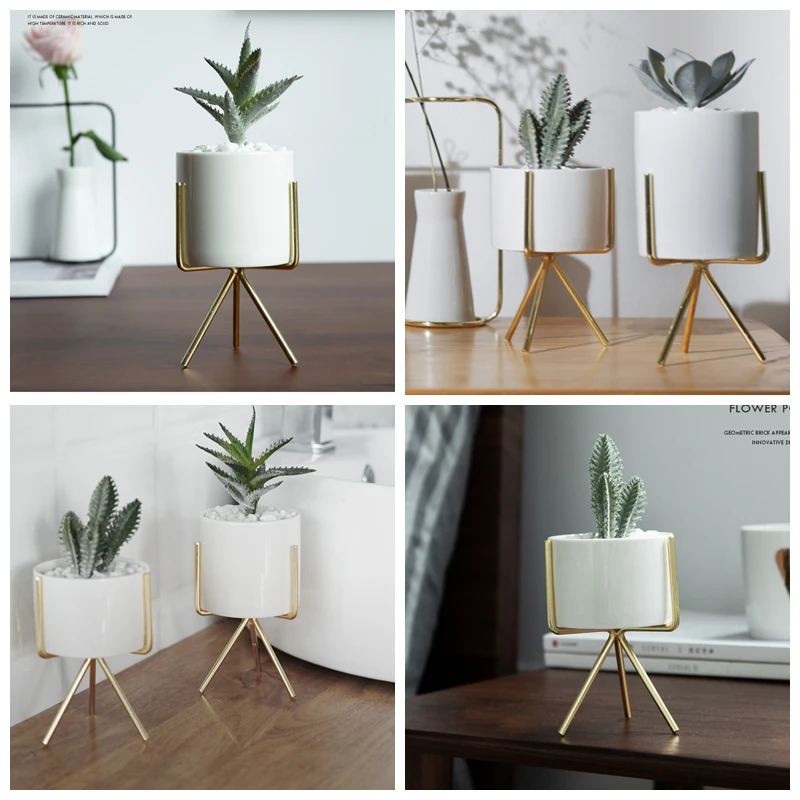 Set of 3 pcs Ceramic Flower Planters with Iron Rack for Succulent Plants Desktop Ceramic Flower Vase Home Garden Decoration