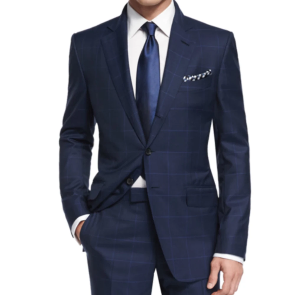 Luxury Navy Plaid Suit Men Custom Made Wool Blend Business Suits With Bemberg Lining,Bespoke Tailore Casual Windowpane Blue Suit