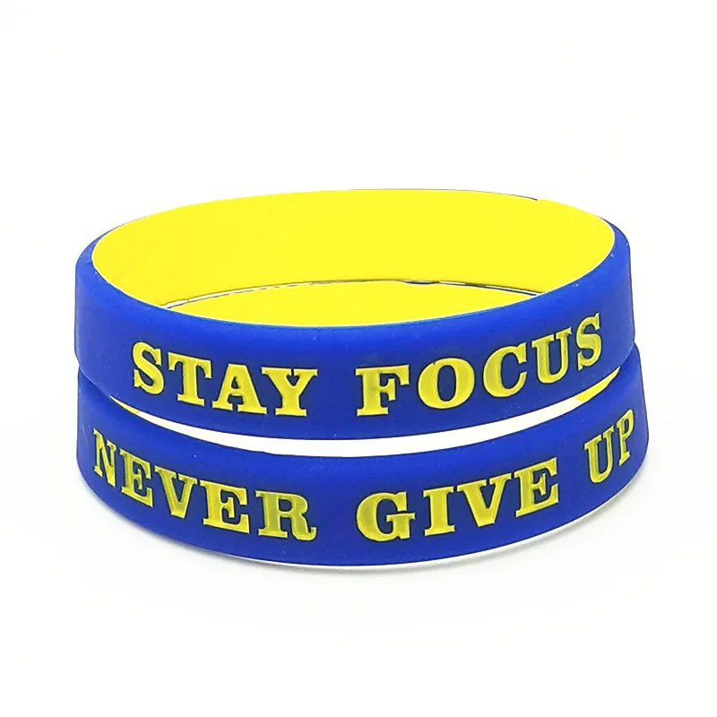 1PC Never Give Up Silicone Bracelets&Bangles Blue Yellow Sporty Never Give Up Stay Focus Rubber Wristbands Men Women Gifts SH298