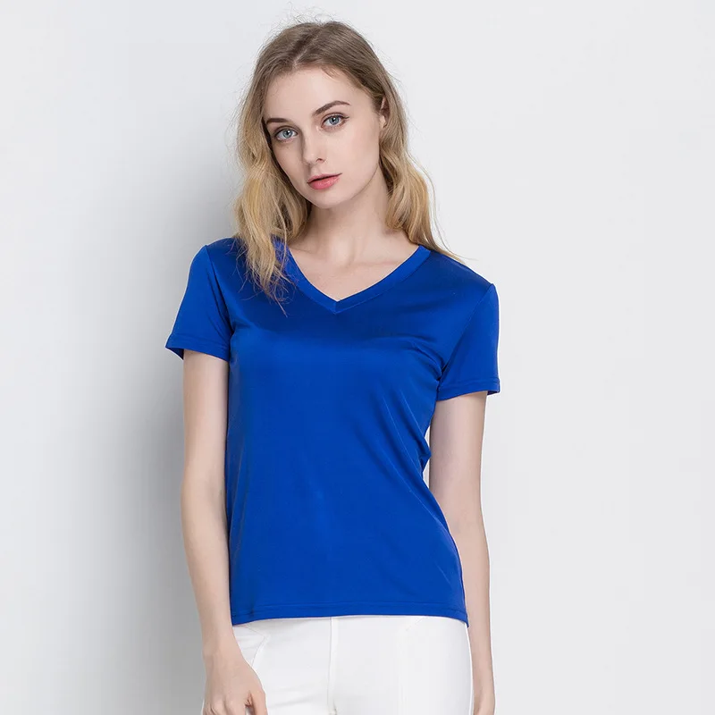 

100% natural Silk, Female V Collar, Short Sleeved T-shirt, Double-sided Knitted Pure Silk, Pure Color Bottoming Shirt.