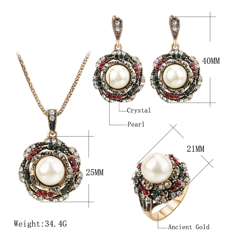 3Pcs/lot Vintage Pearl Flower Bohemian Jewelry Sets Luxury Fashion Antique Gold Crystal Wedding Ring Necklace Earrings For Women