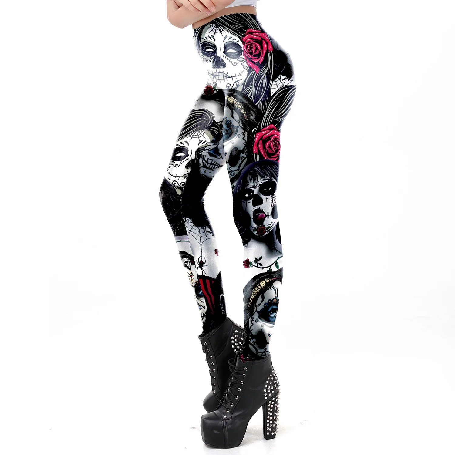 [You\'re My Secret] 2021 Mid Waist Legging Hallween Skull Series Leggings For Fitness Gothic Fitness Pencil Pants Women\'s Black