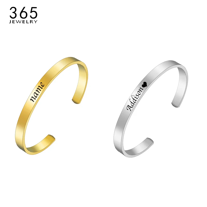 Custom Stainless Steel Initial Engraved Name Bracelet Women Men Gold Color Positive Inspirational Bangle Personalized Jewelry