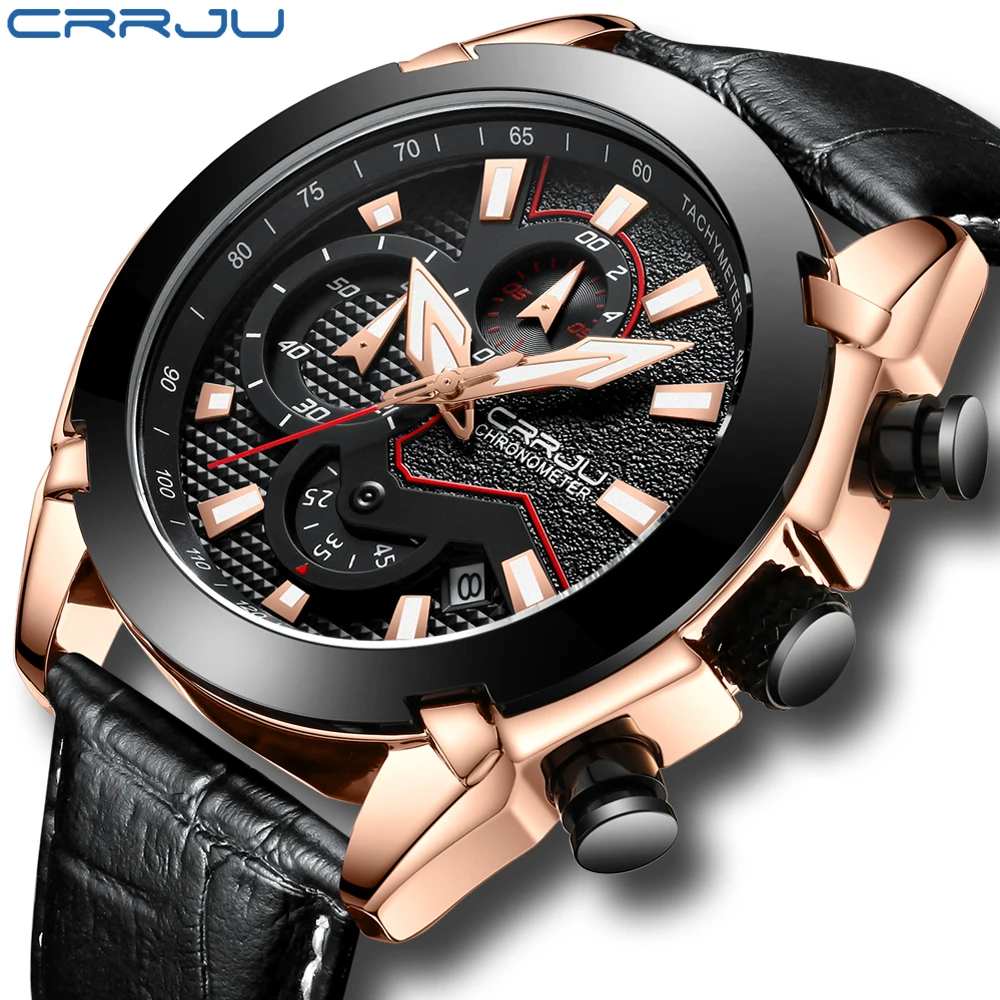 CRRJU Mens Watches Top Brand Luxury Leather Chronograph Watch Men's Wristwatches Clock Watch Men Waterproof Luxury Mens Watches