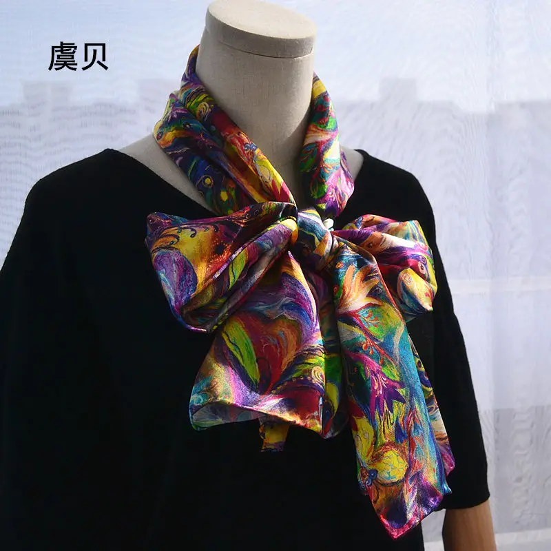 Printed long scarf women sunscreen soft thin silk scarf color feathered flowers scarves wrap shawl hijab bandana gift for lady