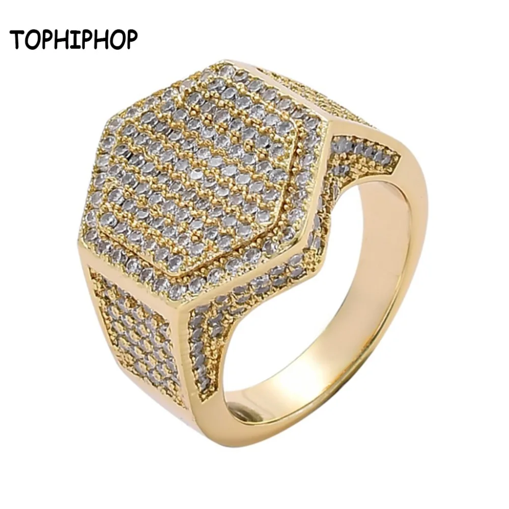 

TOPHIPHOP Hip Hop Fashion Ring Copper Gold Silver Men's Ring High Quality Cubic Zirconia Geometric Ring Jewelry Gift