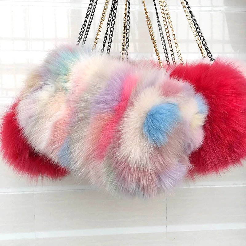 Fashion Designer Real Fox Fur Women Messenger Bag Winter New Women Chain Shoulder Bag Luxury Fur Handbag Warm Plush Handbag