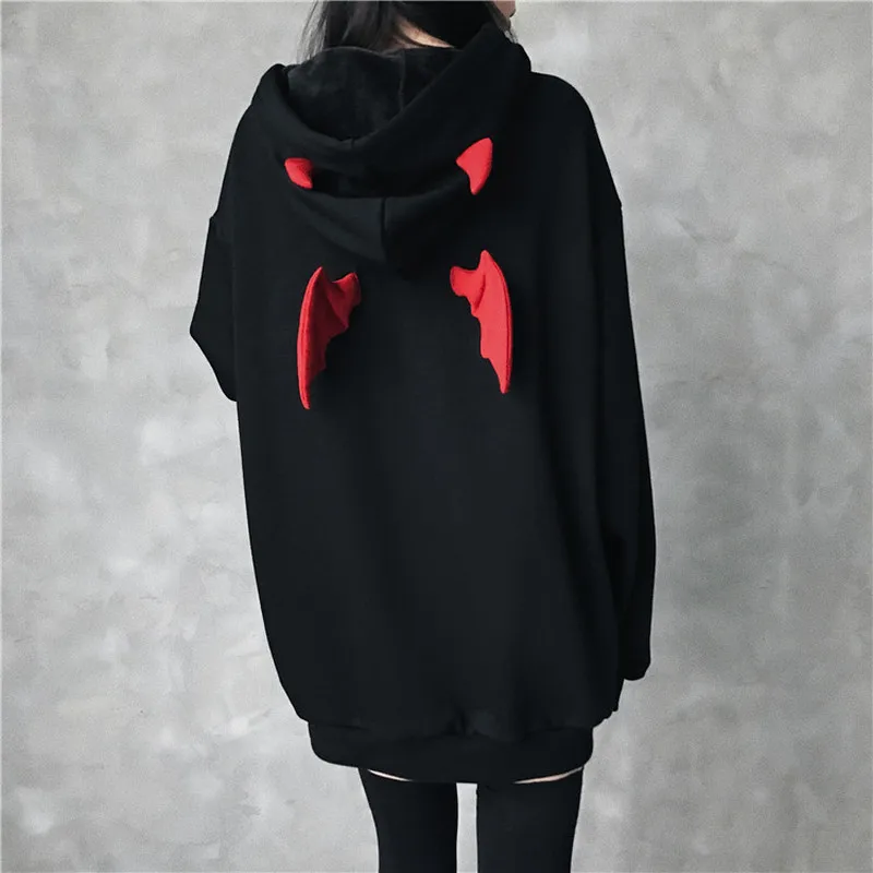 Cute Hoodies Women Punk Gothic Girls Devil Horn Chic Hooded Pullover Loose Sweatshirt Autumn Winter High Street Harajuku Hoodie